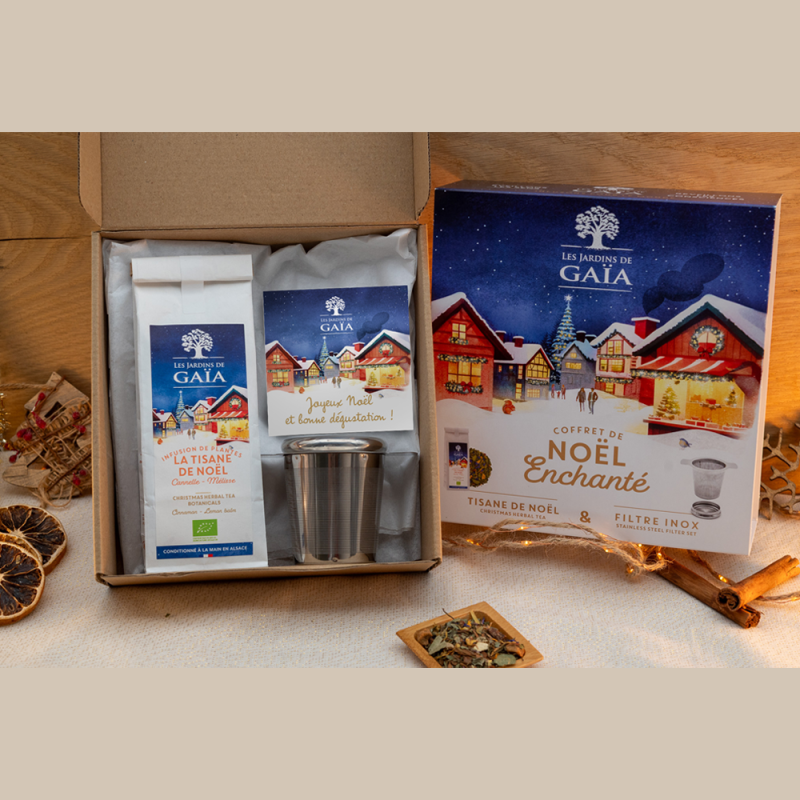 Organic Christmas Herbal Tea Gift Set with Stainless Steel Tea Strainer - Les Jardins de Gaïa