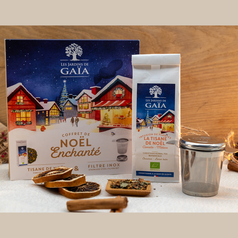 Organic Christmas Herbal Tea Gift Set with Stainless Steel Tea Strainer - Les Jardins de Gaïa